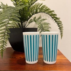 Set of 2 Vintage Hazel Atlas Turquoise Candy Stripe Tumblers HTF